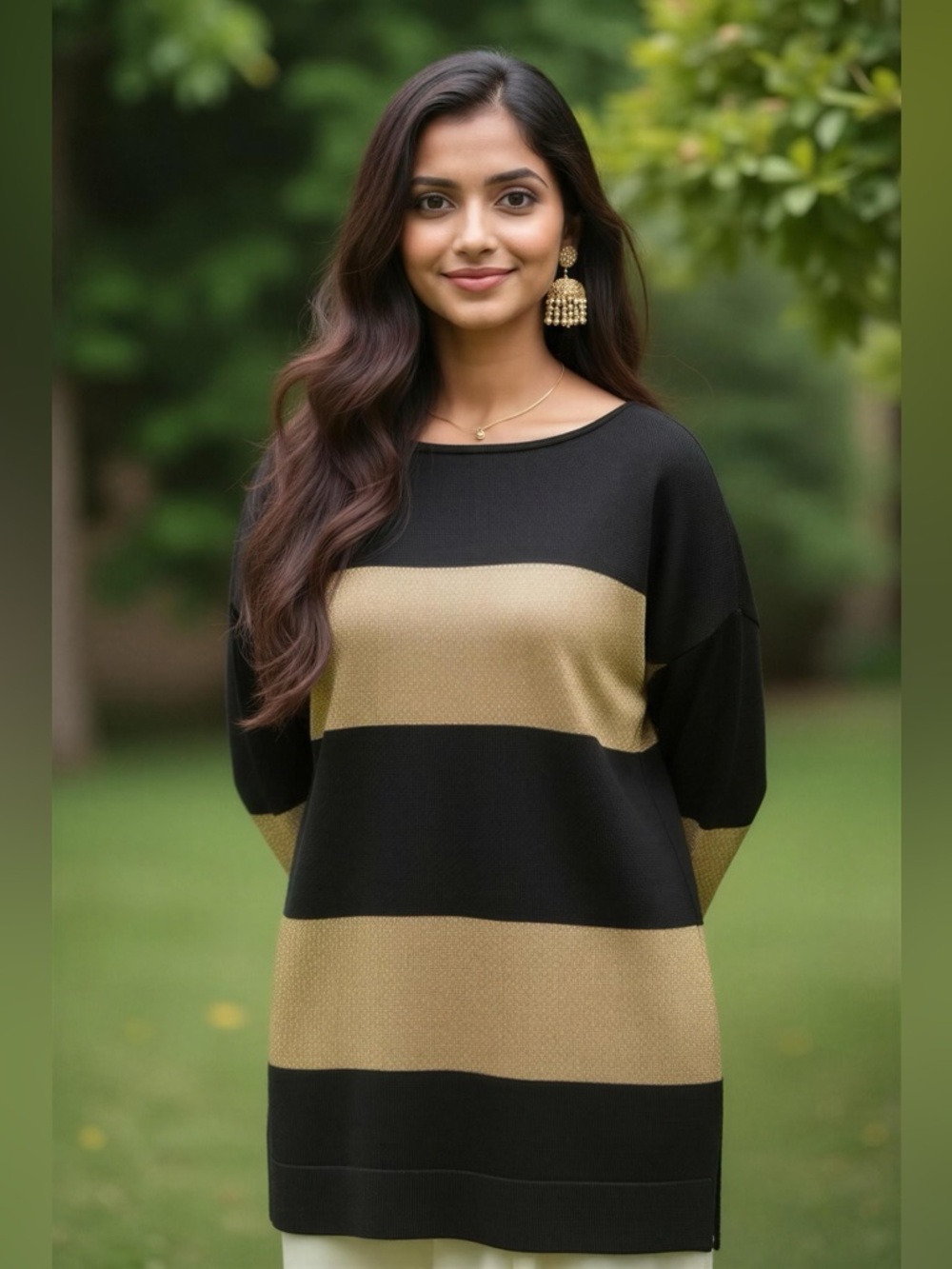 Chaps Black and Gold Metallic Stripe Crewneck Sweater Size XL